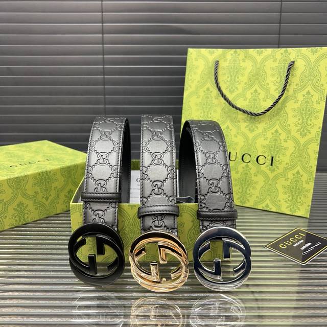Gucci 古奇 自动扣牛皮腰带 男士经典款皮带 时装搭配必备款 优质合金扣头 采用原厂牛皮带身 高品质全套包装 礼盒 礼袋 小票