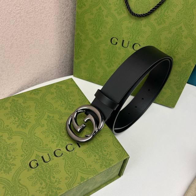 Gucci. 原单头层小牛皮，互扣式钯色金属双G扣，原版开模，品质上乘，手绘边缘,3.8厘米宽， 图片盒子20