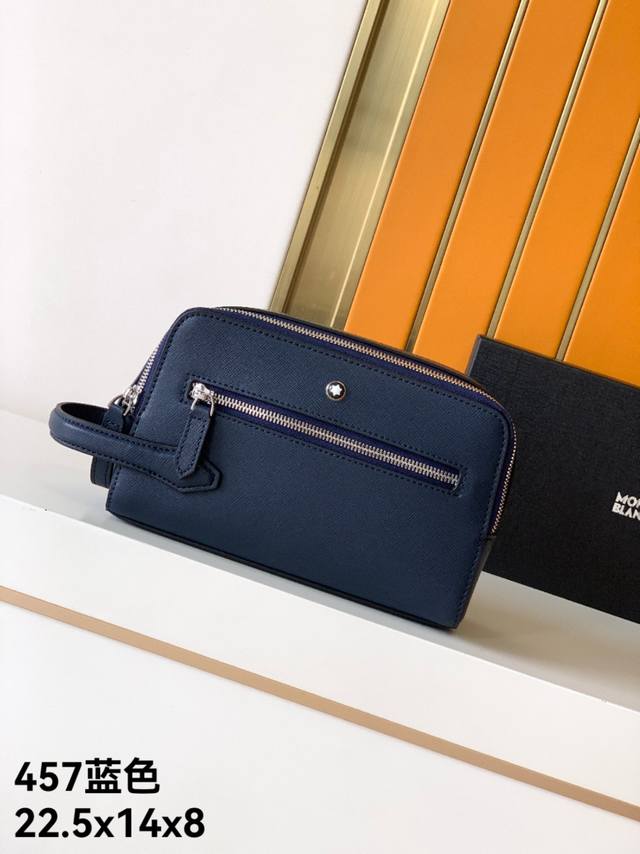 手包型号：新款457#蓝色顶级原单货万宝龙专柜同款： 进口头层西班牙纹牛皮，光泽好上档次，高纤维布裡，有内格加多卡位，专柜五金配件，尺寸：22.5X14X8-