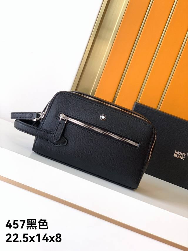 手包型号：新款457#黑色顶级原单货万宝龙专柜同款： 进口头层西班牙纹牛皮，光泽好上档次，高纤维布裡，有内格加多卡位，专柜五金配件，尺寸：22.5X14X8-