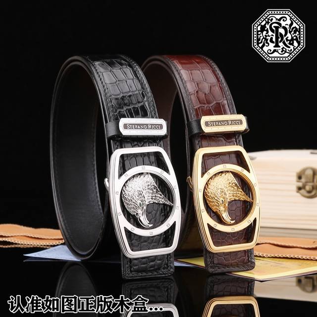 认准如图正版木盒... 推广价 配送如图木盒 品牌：Stefano Ricci 扣头材质：双色纯钢扣 带身材质正面：38Mm宽度海外正品代购，真正鳄鱼腹皮整条皮 - 点击图像关闭