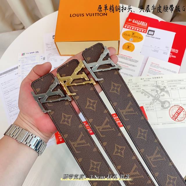 路易l驴家 寬度3.8Cm 面為原廠头层牛皮 風格效果 底為柔軟的黑色头层牛皮 經典字母精钢扣头效果 手感極佳 从买原版到开发历经数月打造而出 选料 做工细节