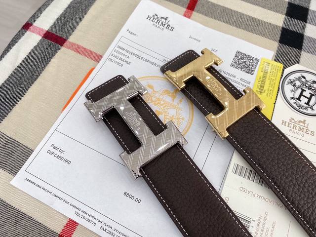 爱马仕 宽3.8Cm进口原版togo皮腰带 扣头金属工艺，经手工打磨而成。扣头可随意选择搭配皮。双面使用，高端商务休闲款 专柜包装