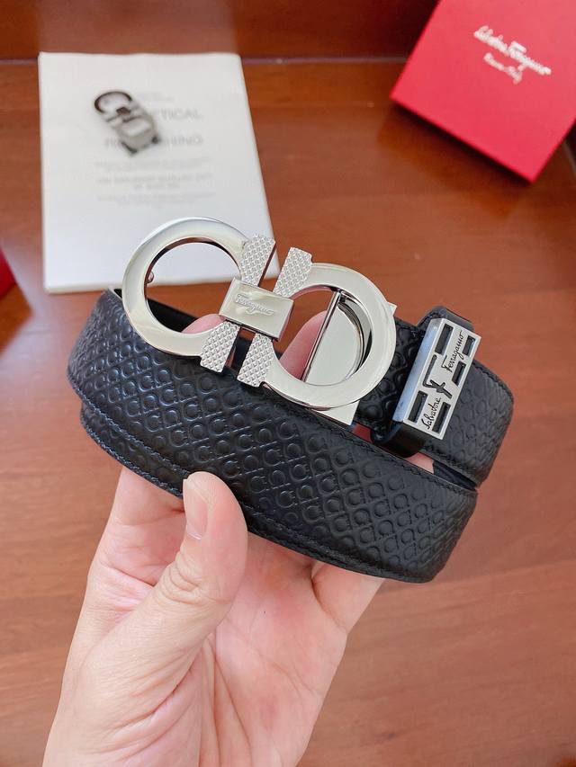 菲拉格慕正版同步配正版包装，高端品质原单压花头层牛皮搭配，皮版正版开模，扣头镀钯精品纯钢扣 宽度3.4Cm 高清实拍大图 ，保质保量