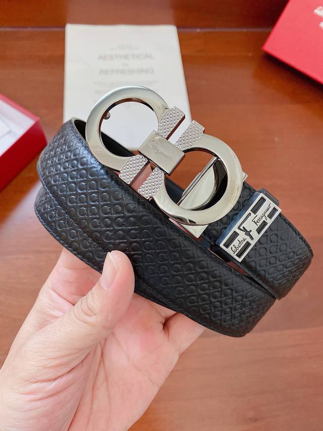 菲拉格慕正版同步配正版包装，高端品质原单压花头层牛皮搭配，皮版正版开模，扣头镀钯精品纯钢扣 宽度3.4Cm 高清实拍大图 ，保质保量