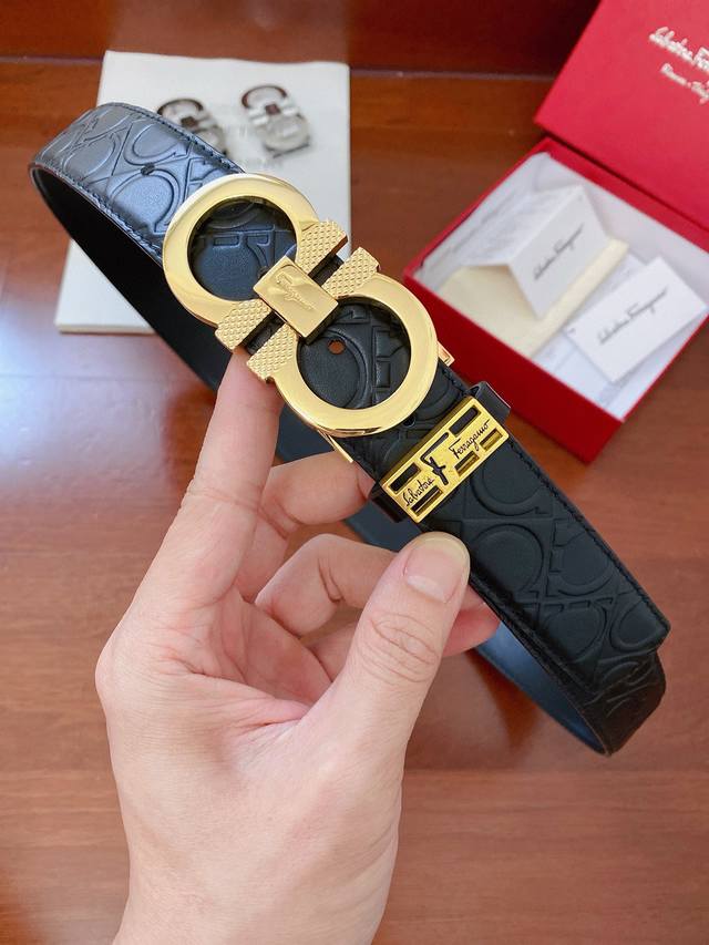 菲拉格慕正版同步配正版包装，高端品质原单压花头层牛皮搭配，皮版正版开模，扣头镀钯精品纯钢扣 宽度3.4Cm 高清实拍大图 ，保质保量